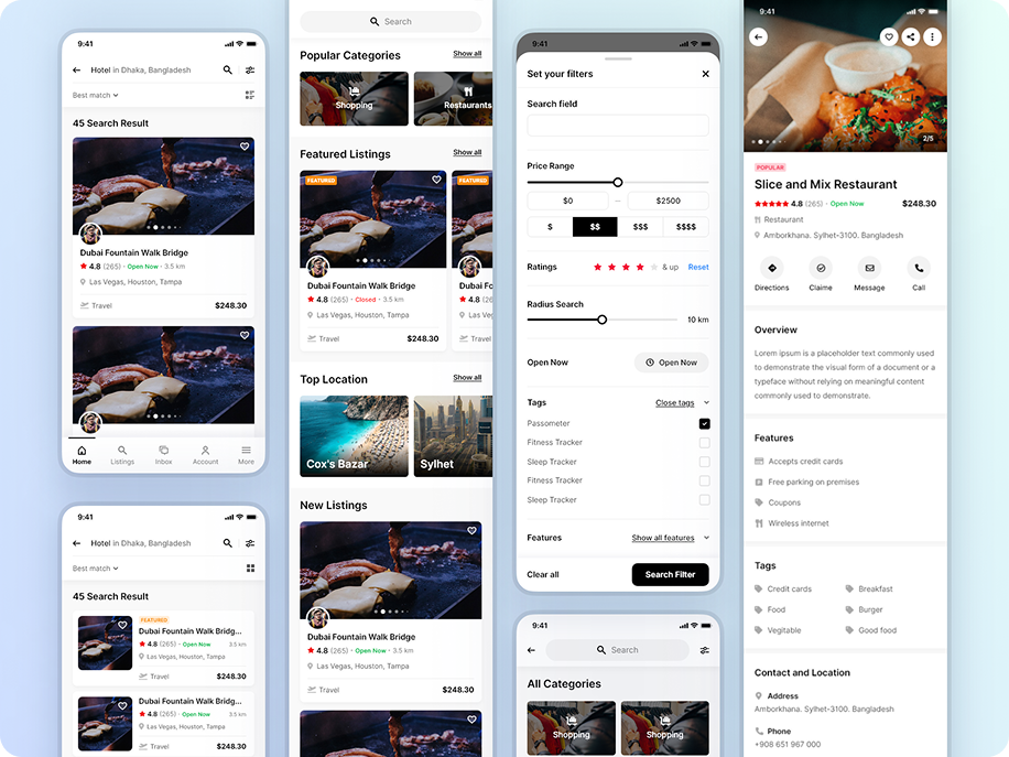 Directorist listing results, filters, and listing details screens